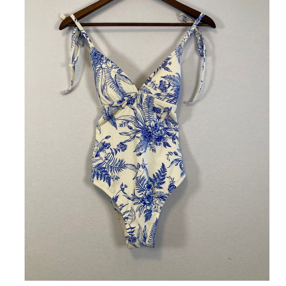 Kona Sol Women's One Piece Swimsuit Blue Floral Print Tie Shoulder Size M